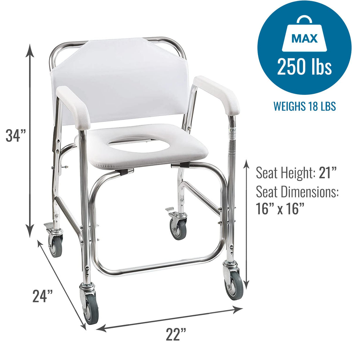 Rolling Shower Commode Chair Aluminum Frame White 250 Lb. Weight Capacity O87306