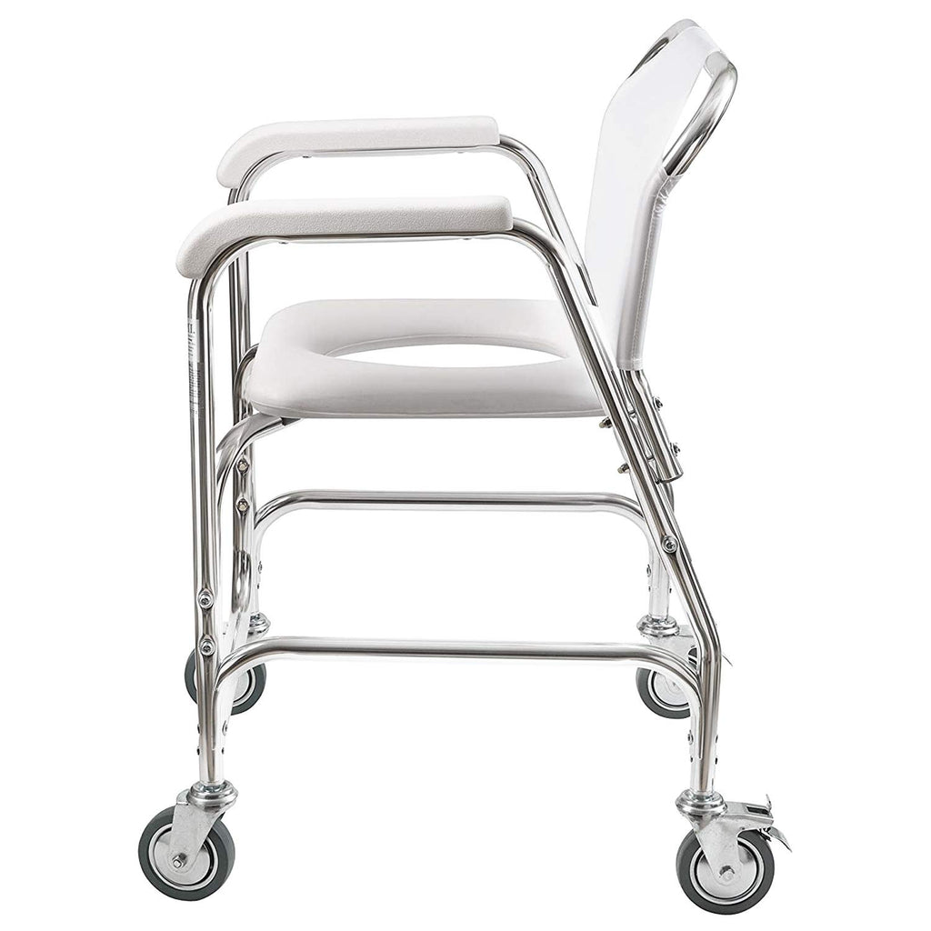 Rolling Shower Commode Chair Aluminum Frame White 250 Lb. Weight Capacity O87306