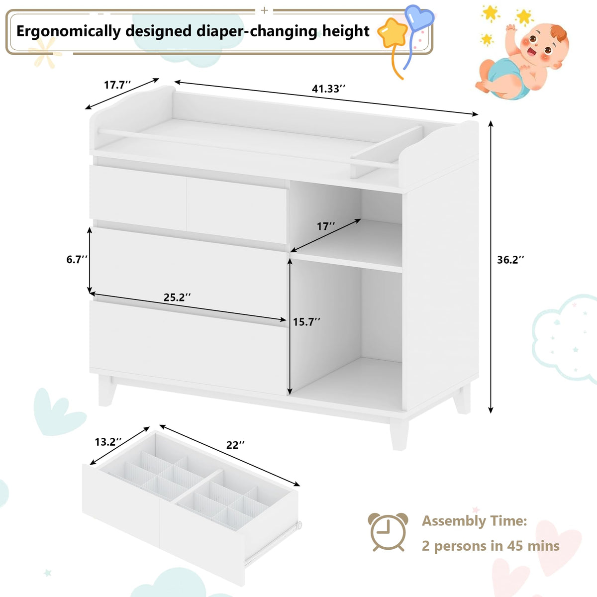 White Baby Changing Table with 4 Drawers R354315