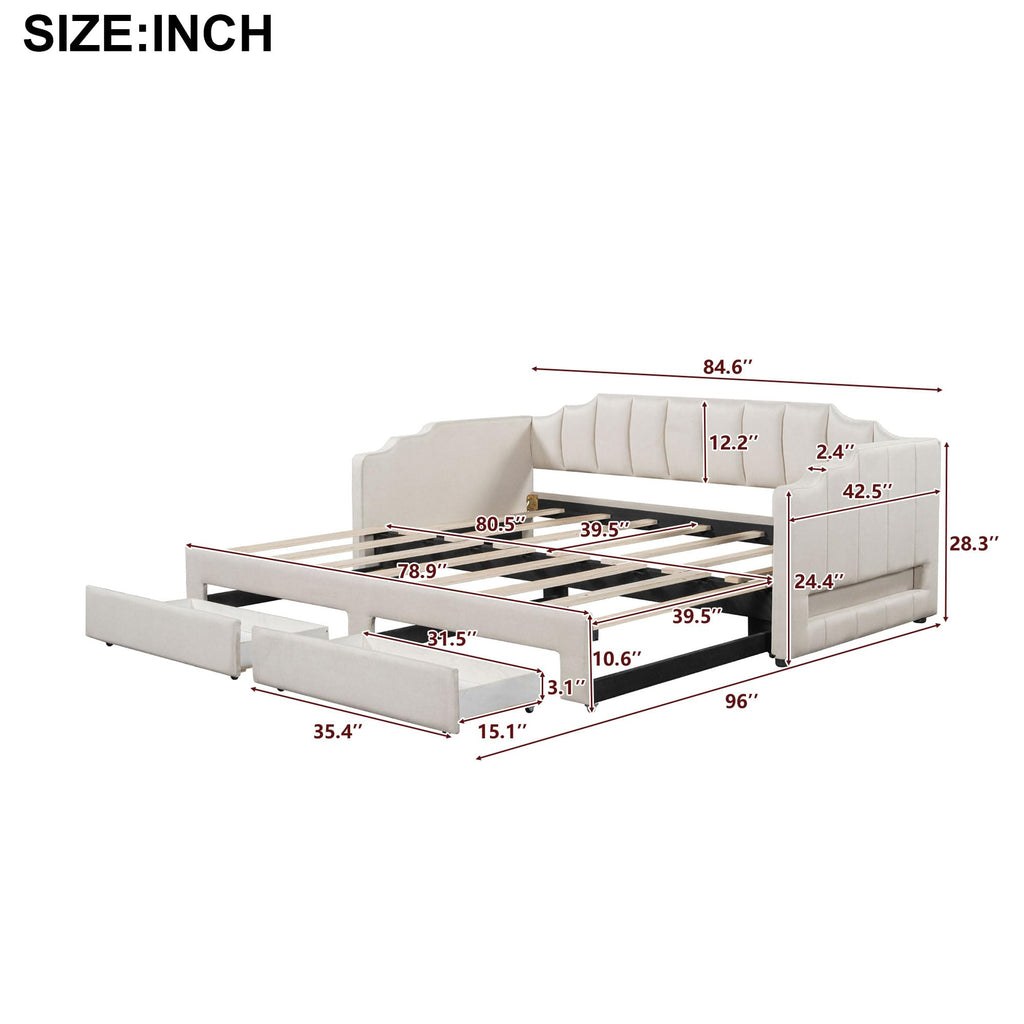 Twin XL Linen Upholstered Daybed with Storage Drawers and LED Light S852023