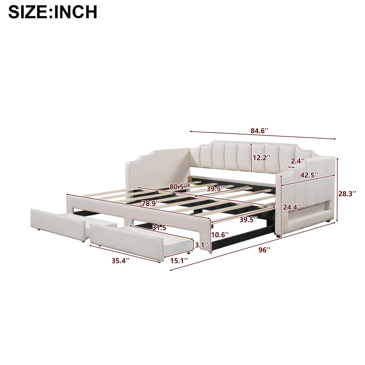 Twin XL Linen Upholstered Daybed with Storage Drawers and LED Light S852023