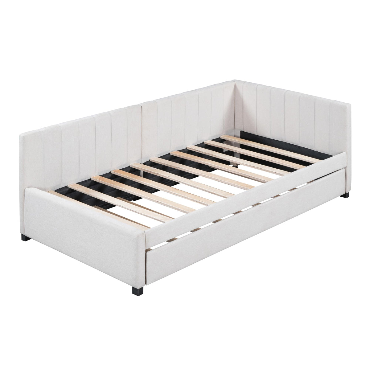 Upholstered Daybed with Trundle Linen Fabric Beige Twin U43235