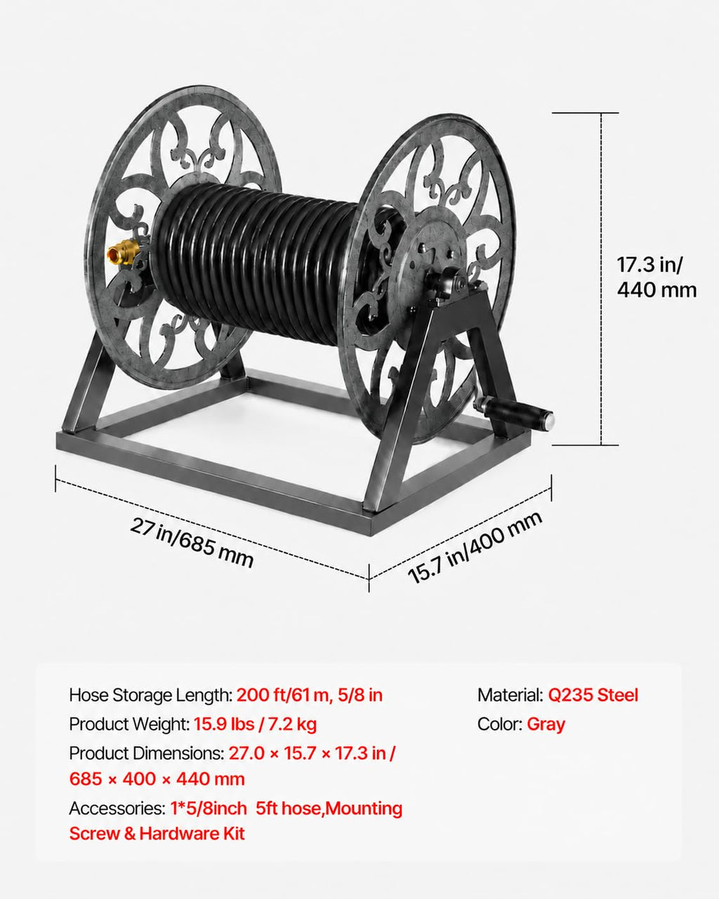 Wall Mounted Garden Hose Reel, Holds 200 ft 5/8" Hose, Heavy-Duty Steel Manual Winder W2615