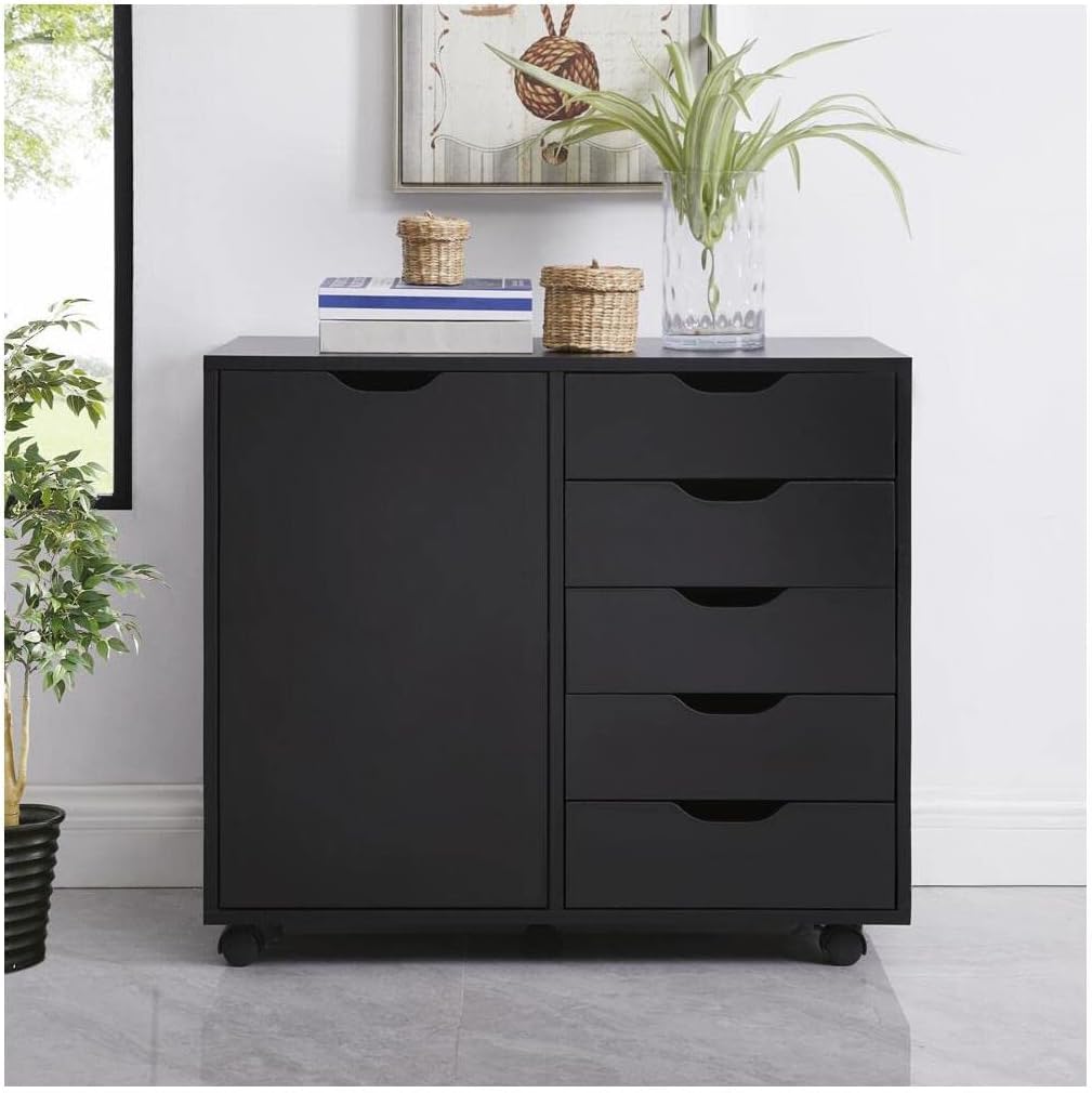 Black 5 Drawer Wood Storage Cabinet with Wheels H82710