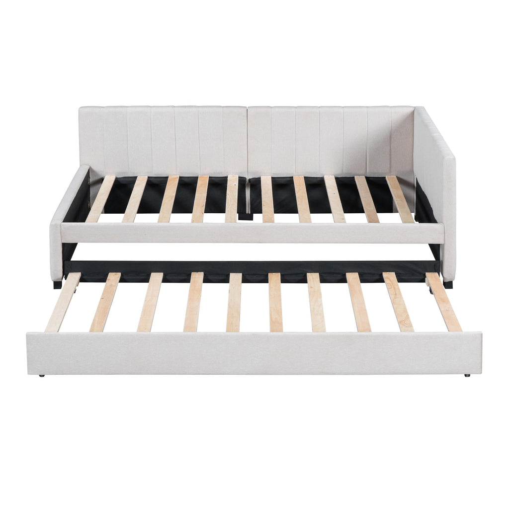 Upholstered Daybed with Trundle Linen Fabric Beige Twin U43235