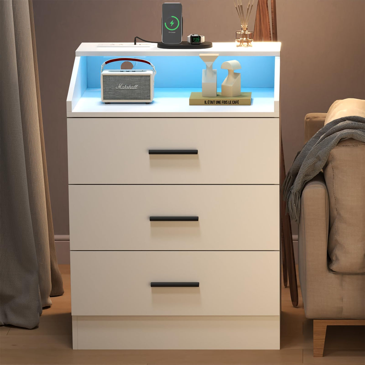 White 3 Drawer Nightstand with Charging Station J463468