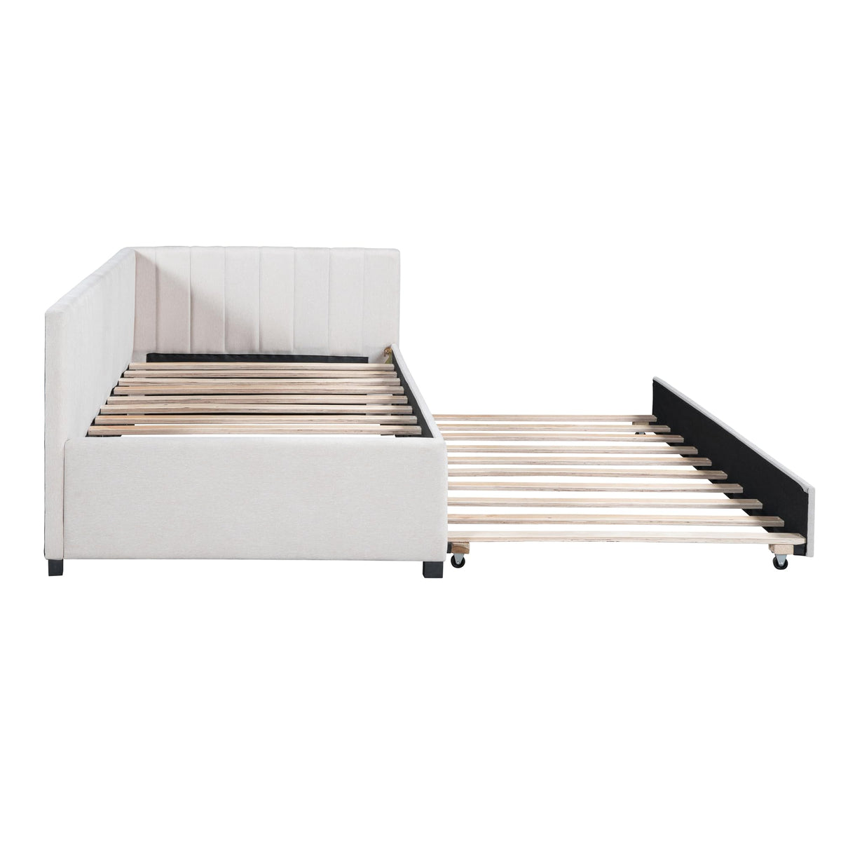 Upholstered Daybed with Trundle Linen Fabric Beige Twin U43235