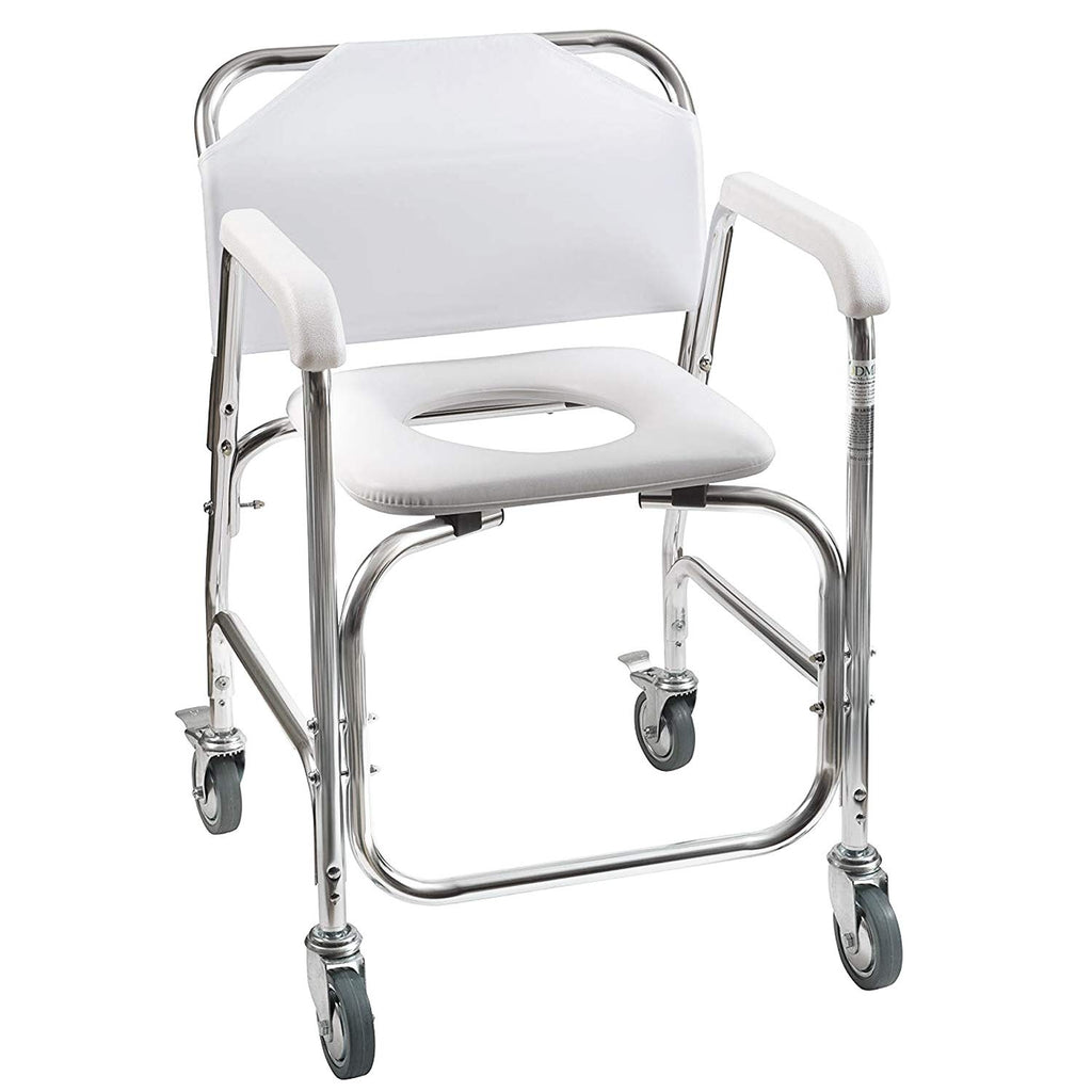 Rolling Shower Commode Chair Aluminum Frame White 250 Lb. Weight Capacity O87306