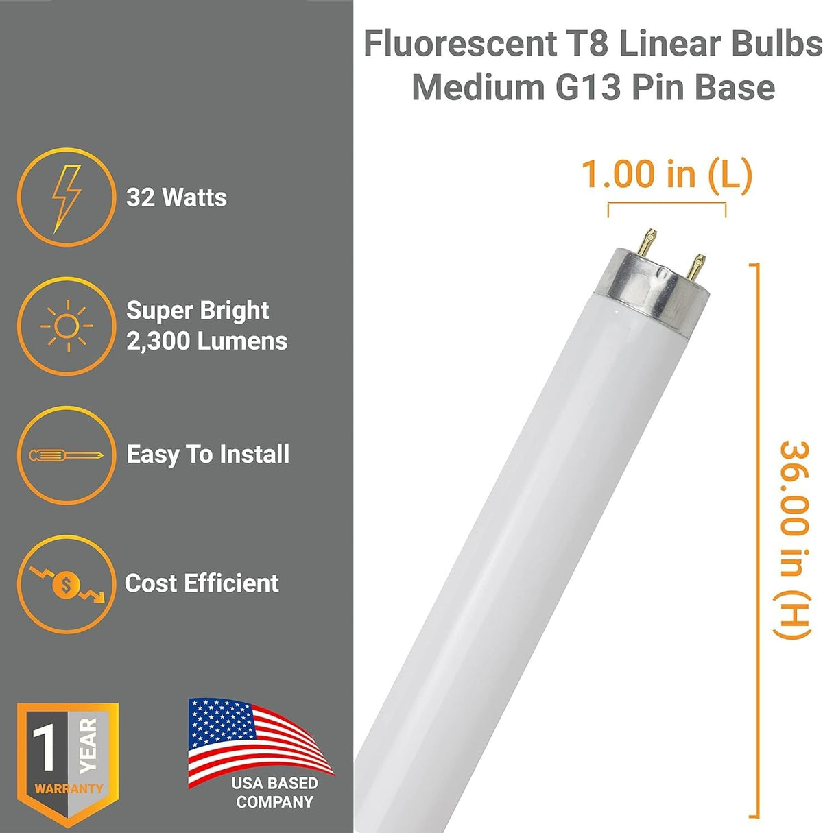 25W 2300 Lumen 3500K Neutral White T8 Fluorescent Tube Light Bulb Pack of 30 G976041