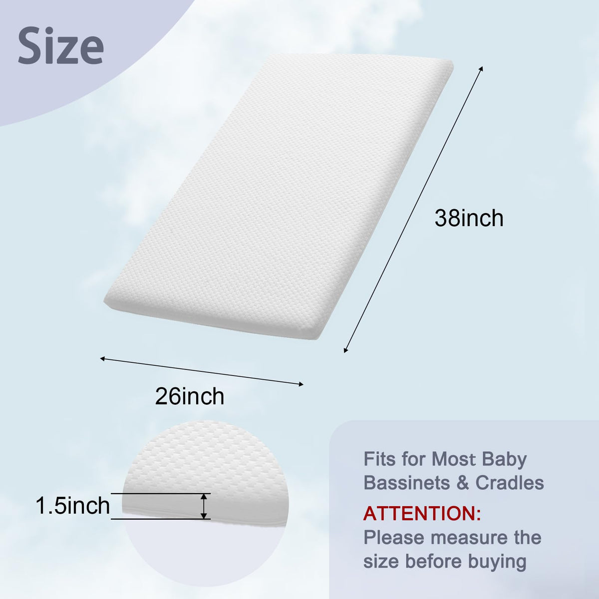 Baby Bassinet Mattress 38 x 26 Inch Gel Memory Foam Y567473