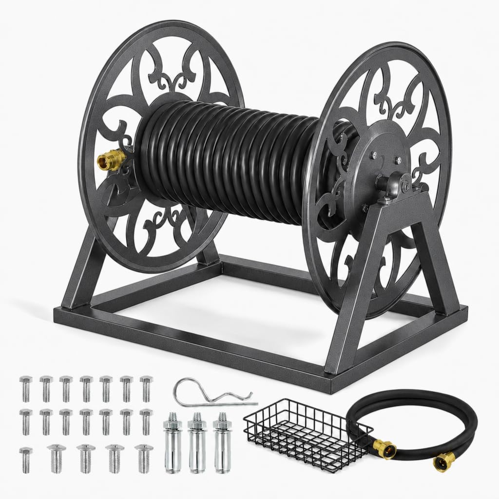 Wall Mounted Garden Hose Reel, Holds 200 ft 5/8" Hose, Heavy-Duty Steel Manual Winder W2615