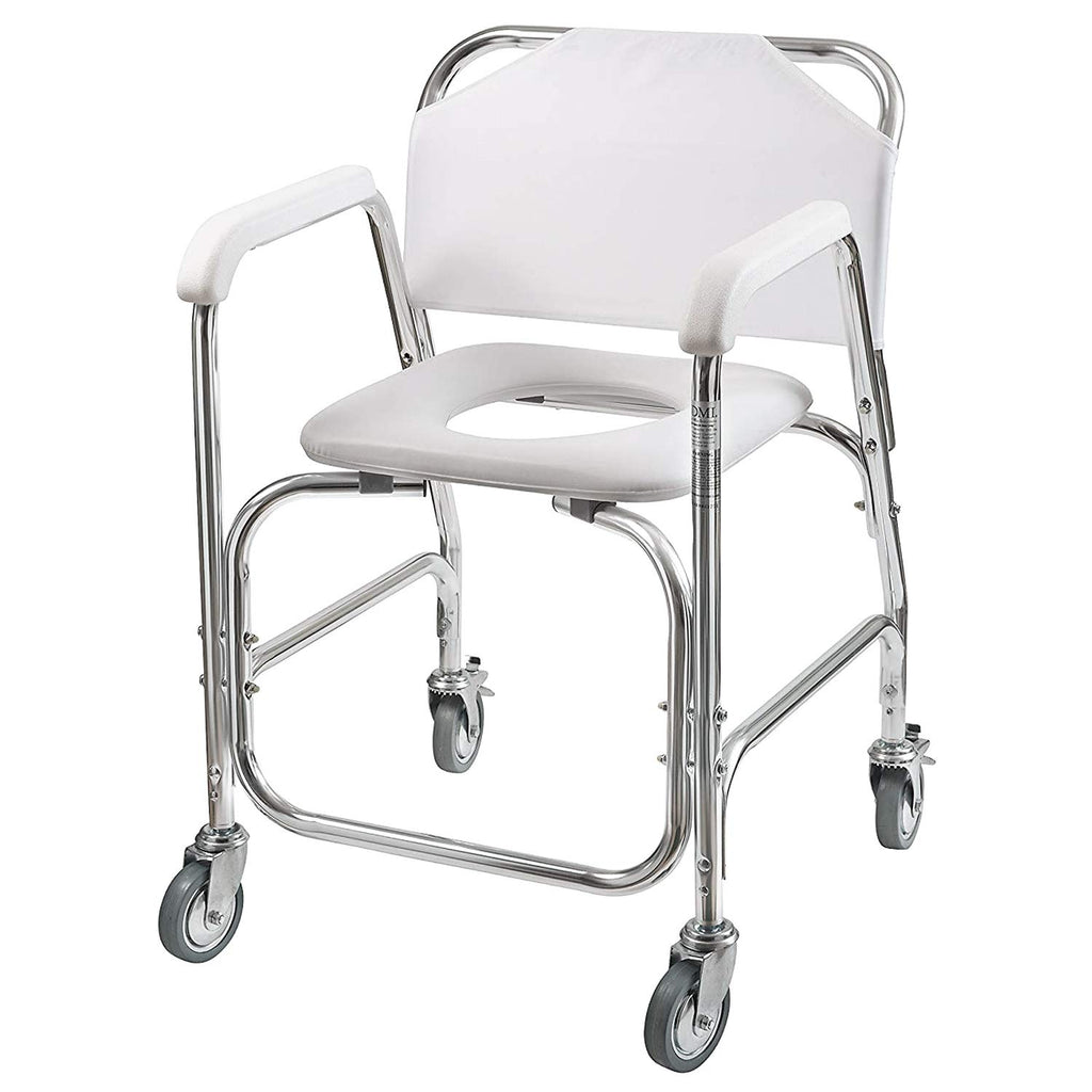Rolling Shower Commode Chair Aluminum Frame White 250 Lb. Weight Capacity O87306