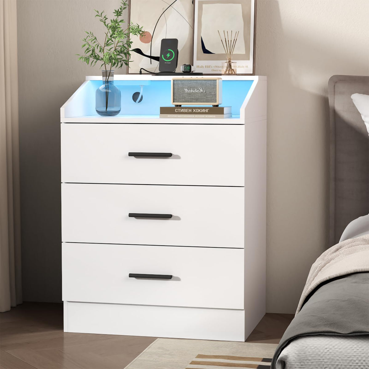 White 3 Drawer Nightstand with Charging Station J463468