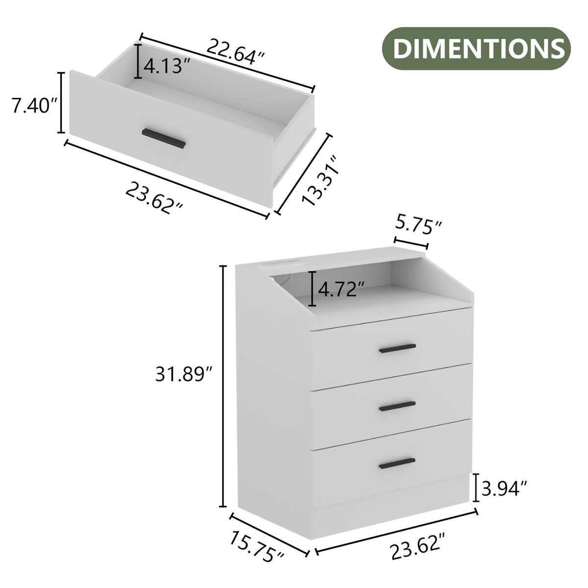 White 3 Drawer Nightstand with Charging Station J463468