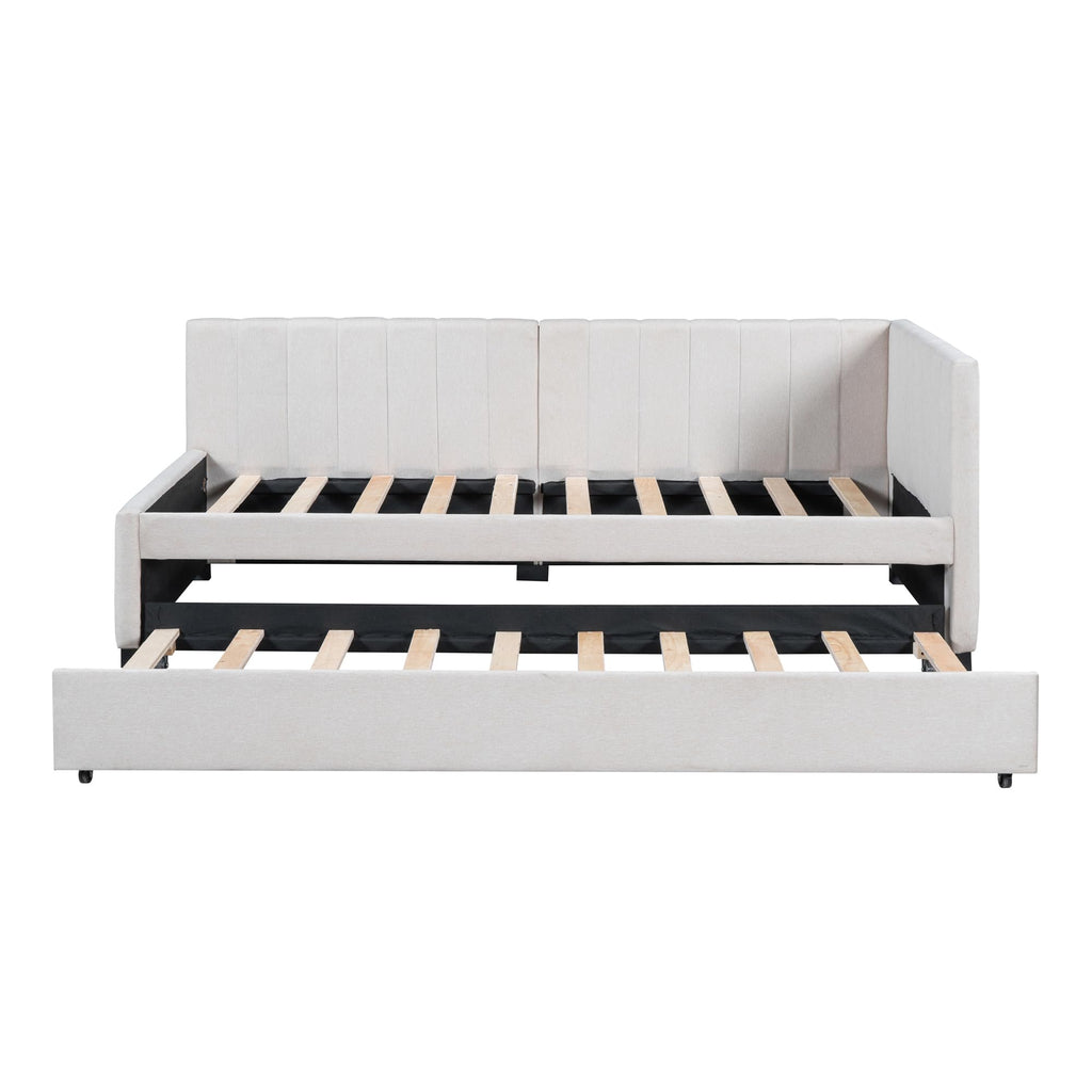 Upholstered Daybed with Trundle Linen Fabric Beige Twin U43235