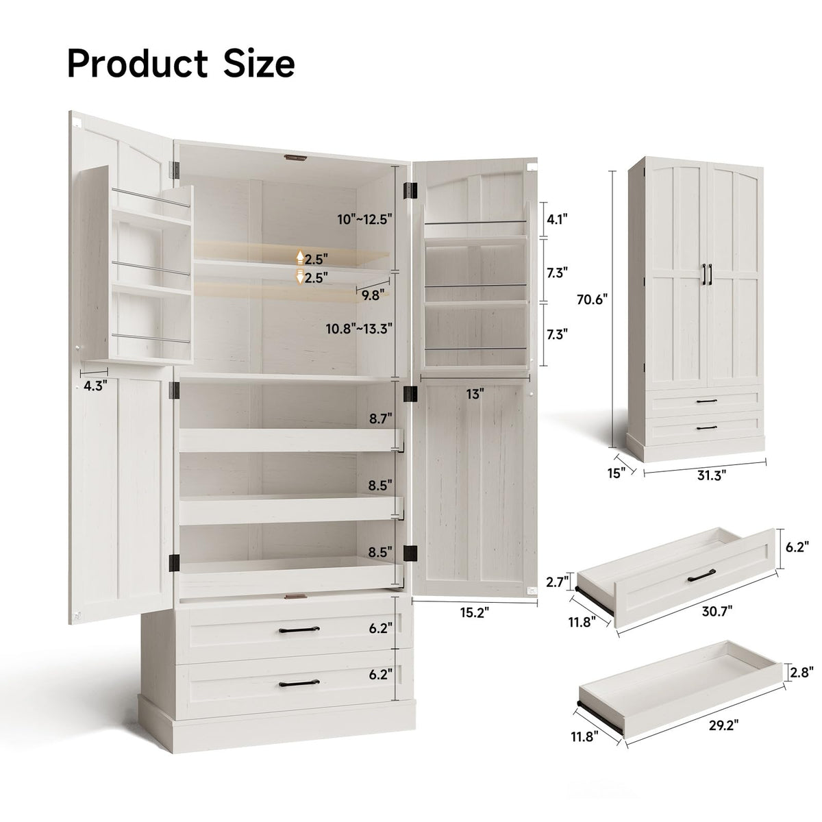 71" Off-White Kitchen Pantry Cabinet with 3 Pull-Out Shelf & 2 Drawer Z89452
