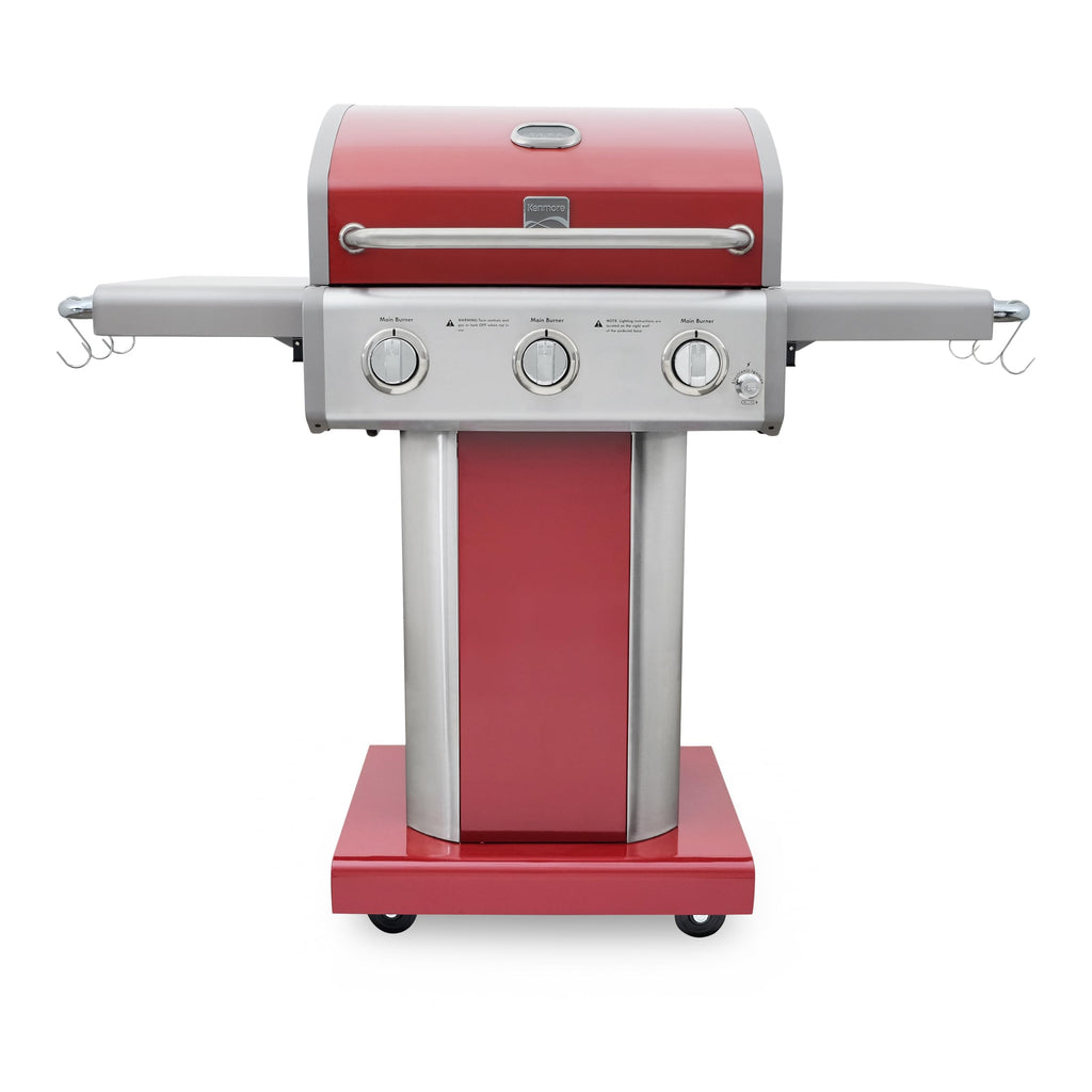 3-Burner Liquid Propane Gas Grill with Folding Sides, Wheels, 30000 BTU, Red L273792