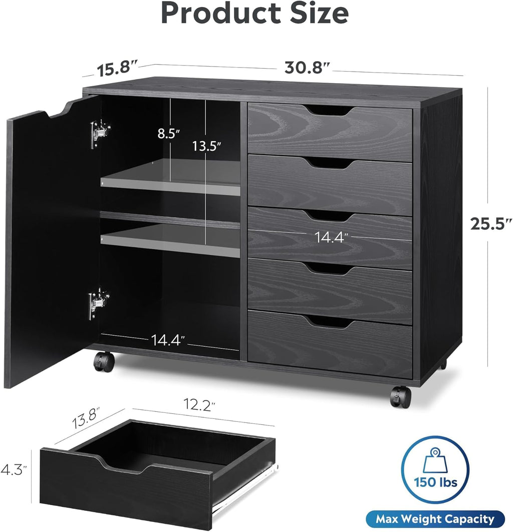 Black 5 Drawer Wood Storage Cabinet with Wheels H82710