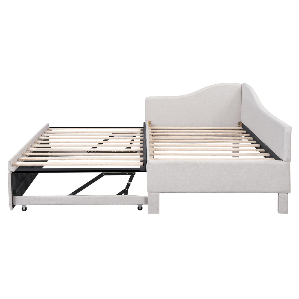 Beige Linen Upholstered Twin Size L-Shaped Daybed with Pop Up Trundle Z23564