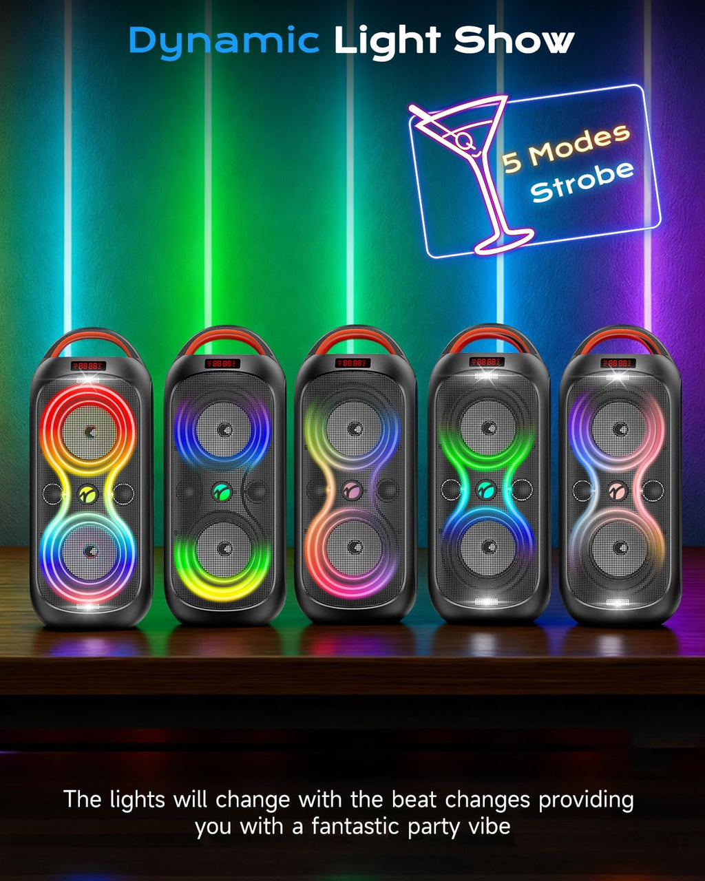 Party Bluetooth Speaker with Dual 4" Woofers, 60W Peak Power, 12H Playtime, Dynamic LED Lights, TWS, FM, AUX, USB, Mic Input, Portable Rechargeable Speaker for Indoor & Outdoor Events -Updated Version M74246