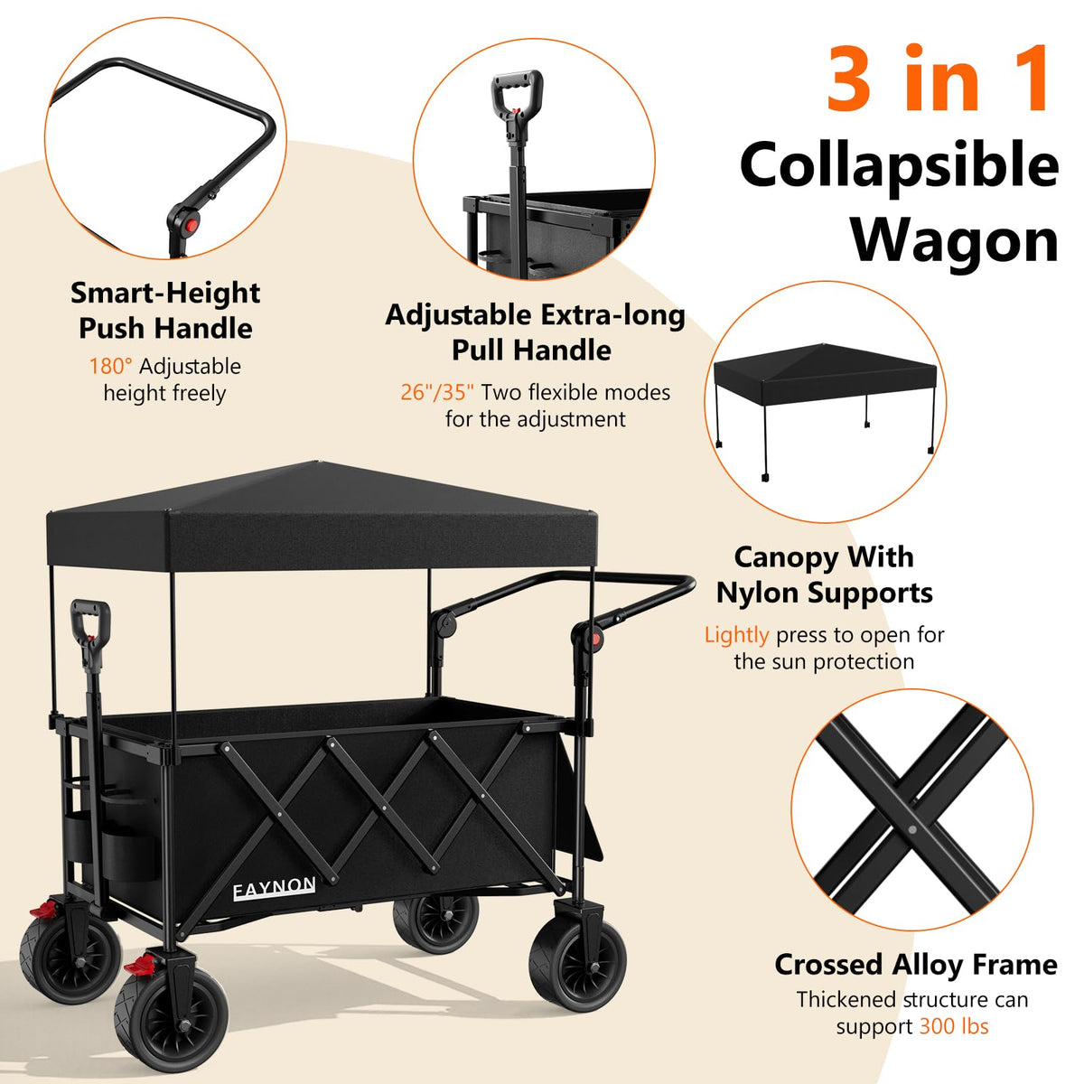 Collapsible Wagon with 300lbs Capacity, 150L Heavy Duty Utility Cart, Black V182