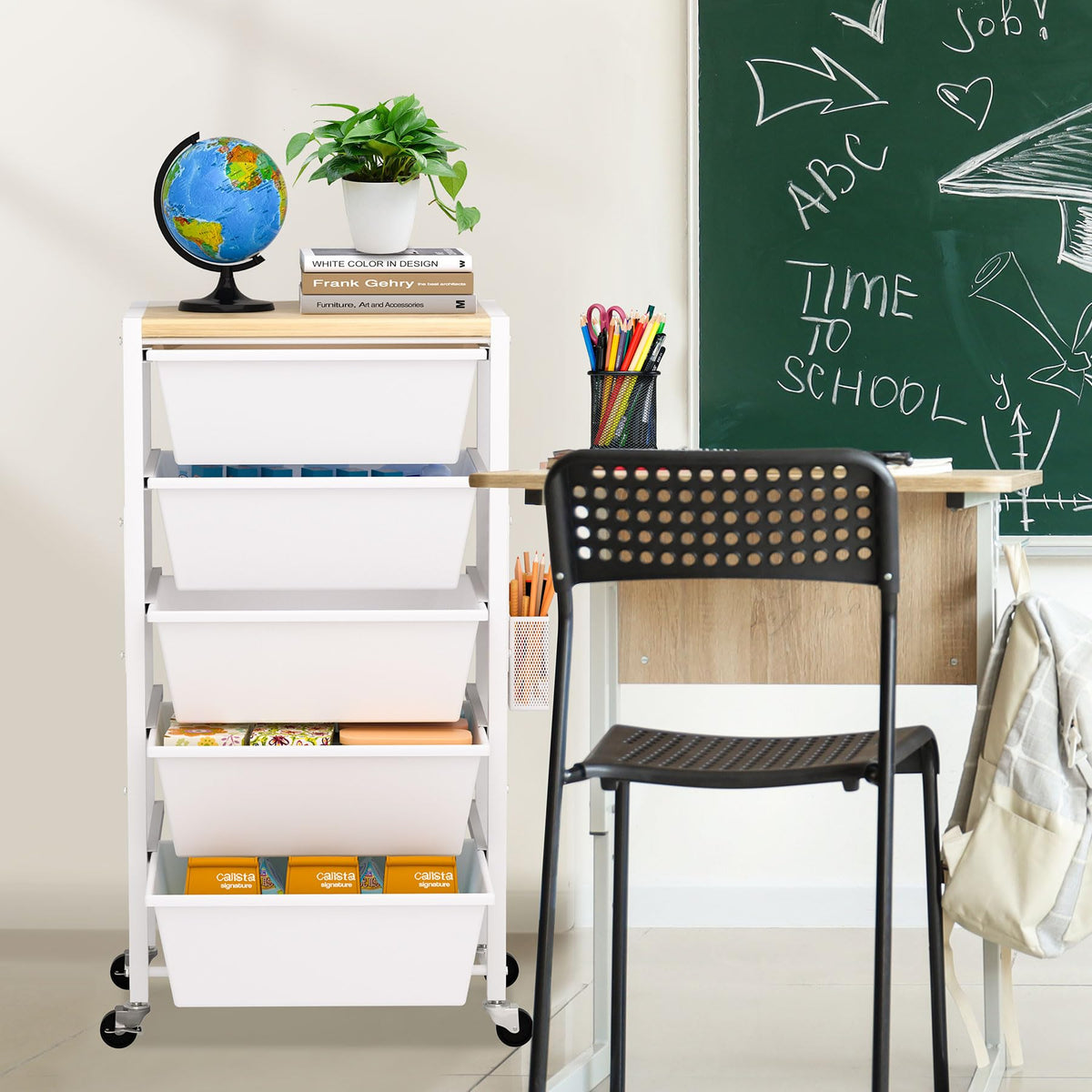 Rolling Storage Cart with 5 Plastic Drawers and Wooden Tabletop V926606