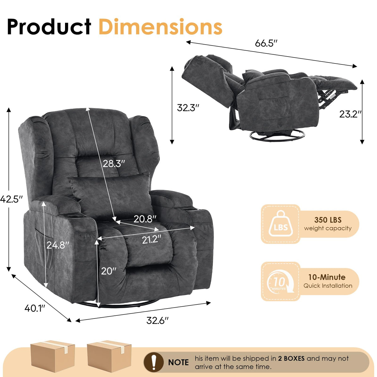 Oversized Velvet Swivel Rocker Recliner Chair with Cup Holders T757
