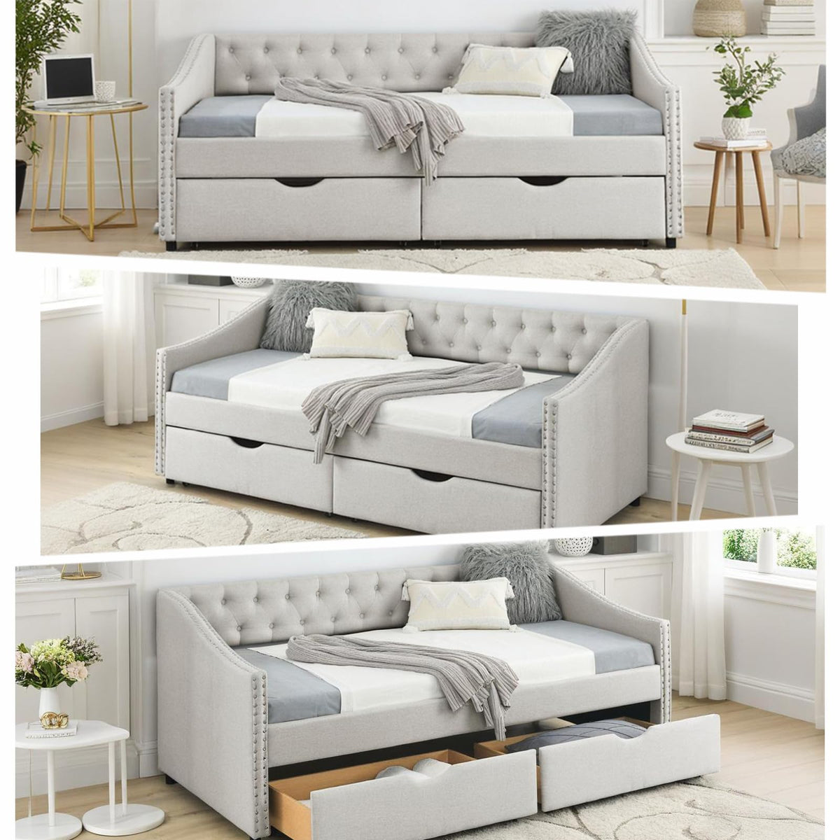 Twin Linen Upholstered Daybed with 2 Storage Drawers Q1132