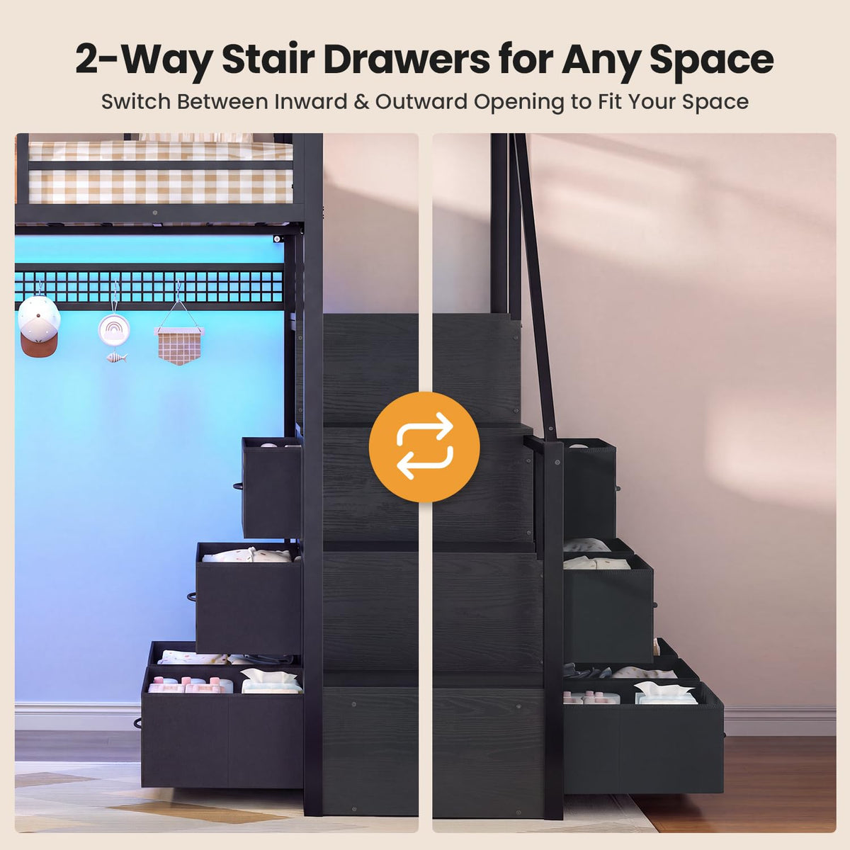 Full Size Loft Bed with Desk and Storage Stairs W542