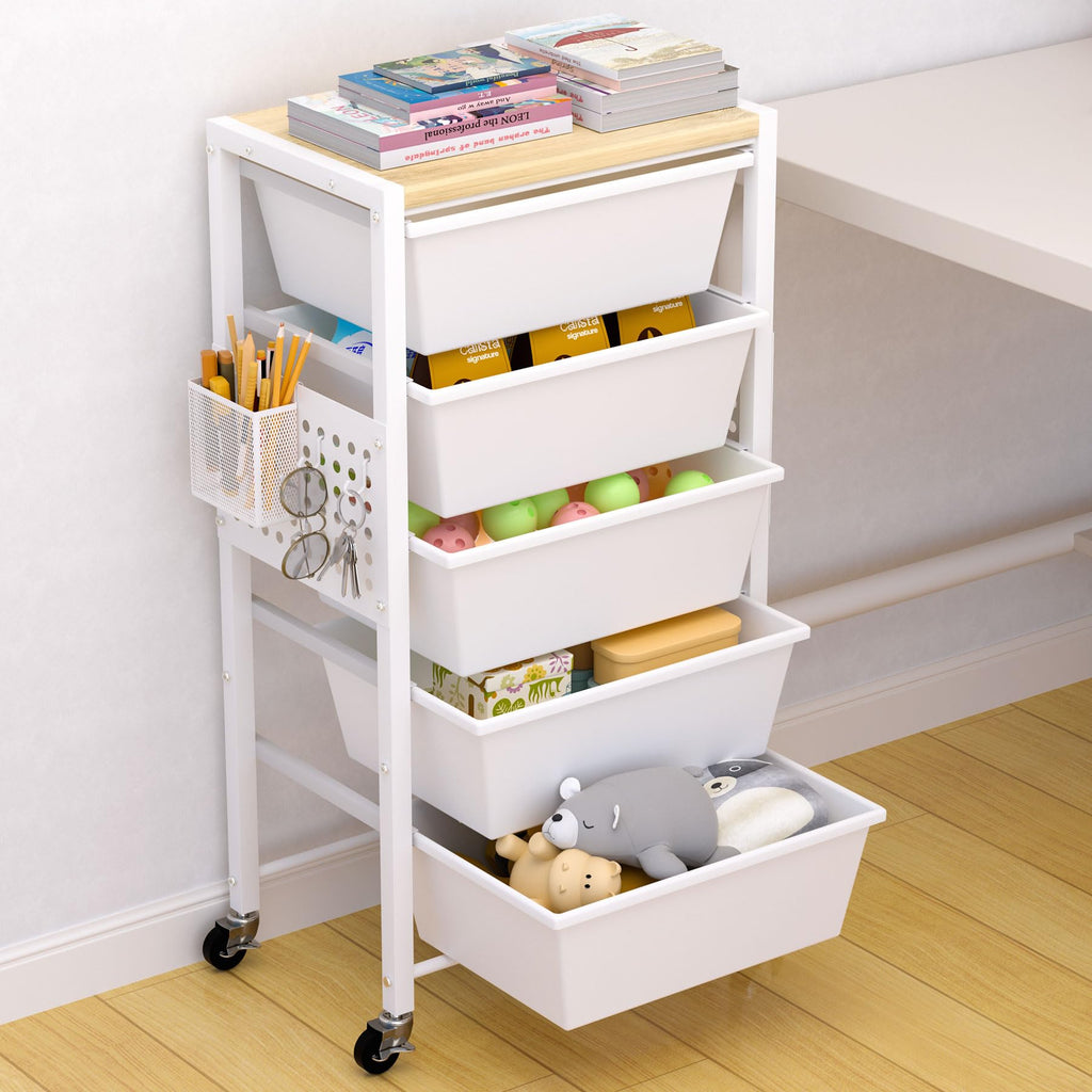 Rolling Storage Cart with 5 Plastic Drawers and Wooden Tabletop V926606