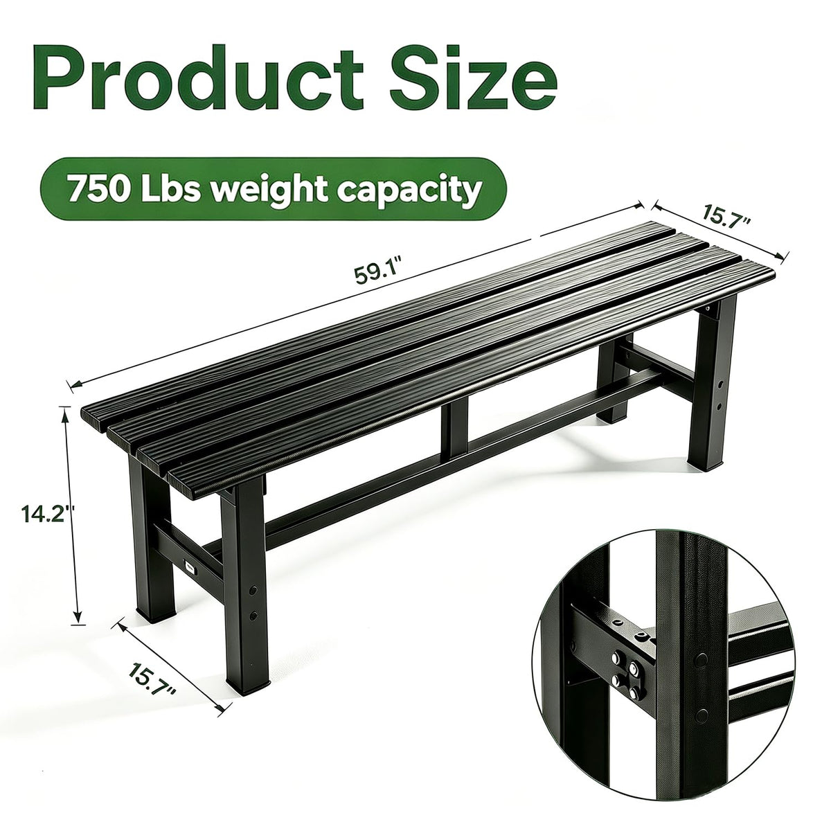 59 Inches Black 2-Person Aluminum Outdoor Bench E748275