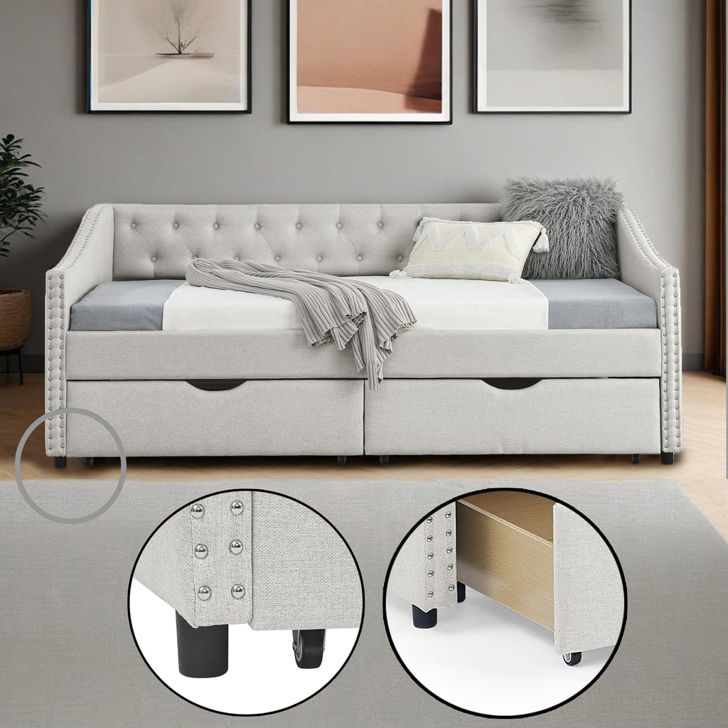 Twin Linen Upholstered Daybed with 2 Storage Drawers Q1132