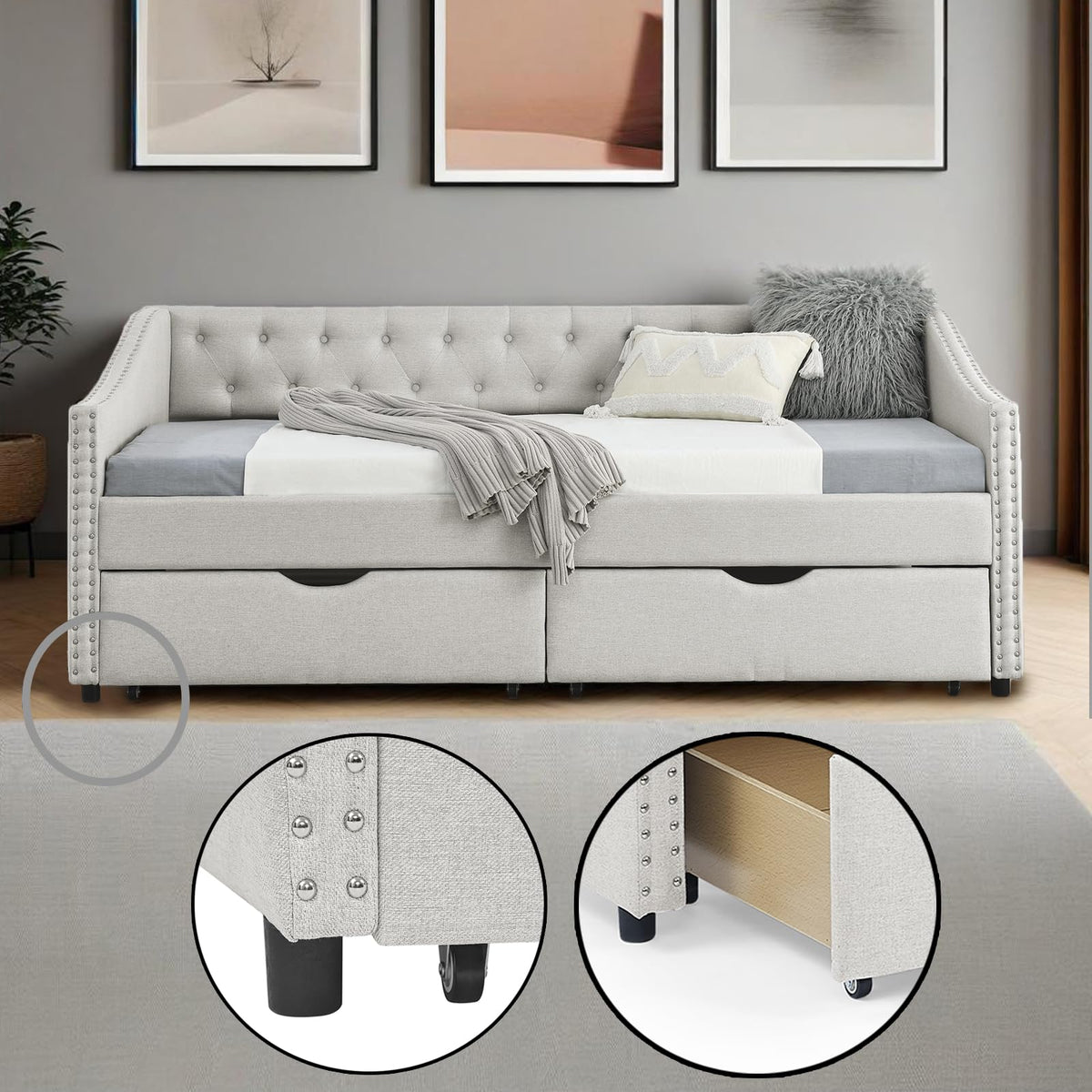 Twin Linen Upholstered Daybed with 2 Storage Drawers Q1132