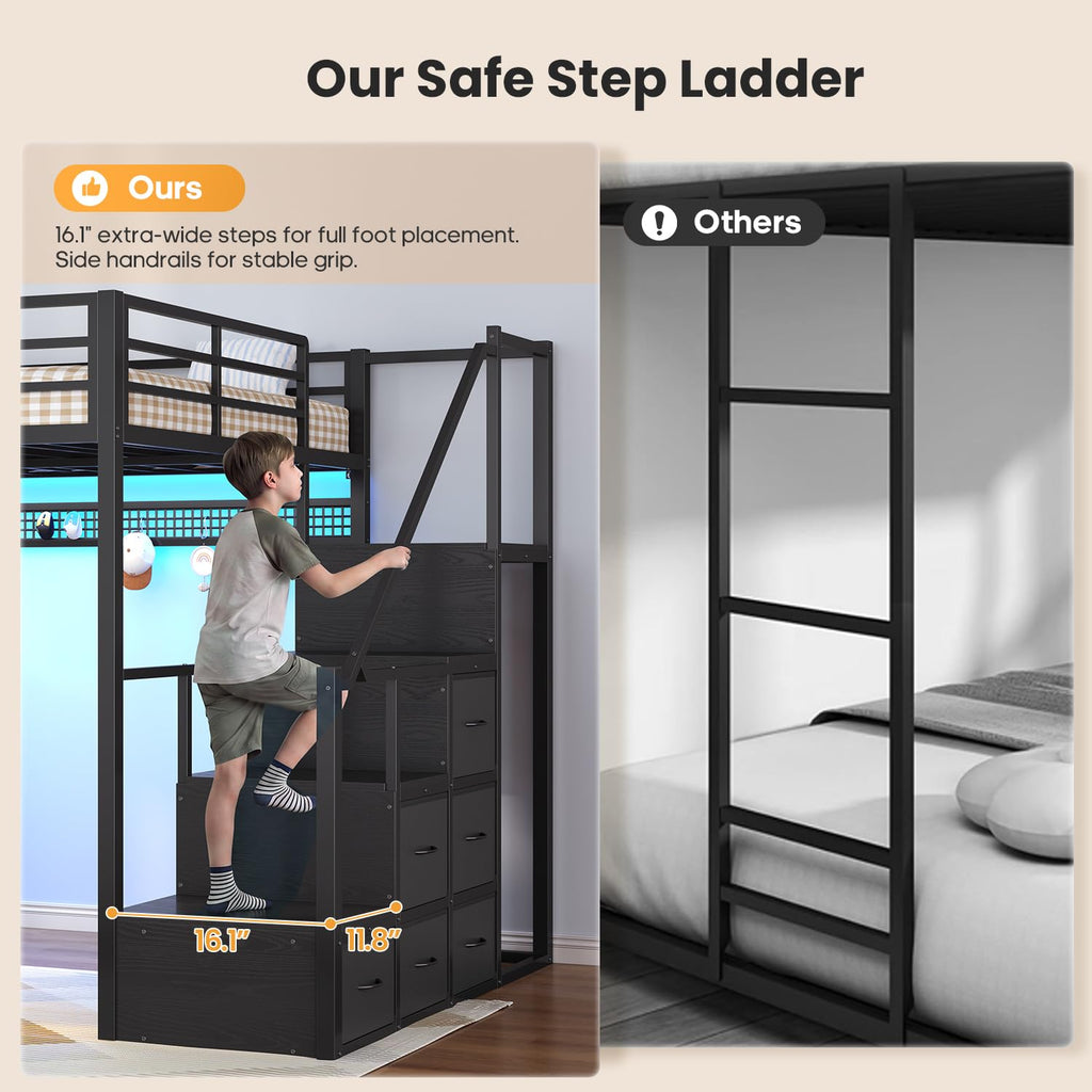 Full Size Loft Bed with Desk and Storage Stairs W542