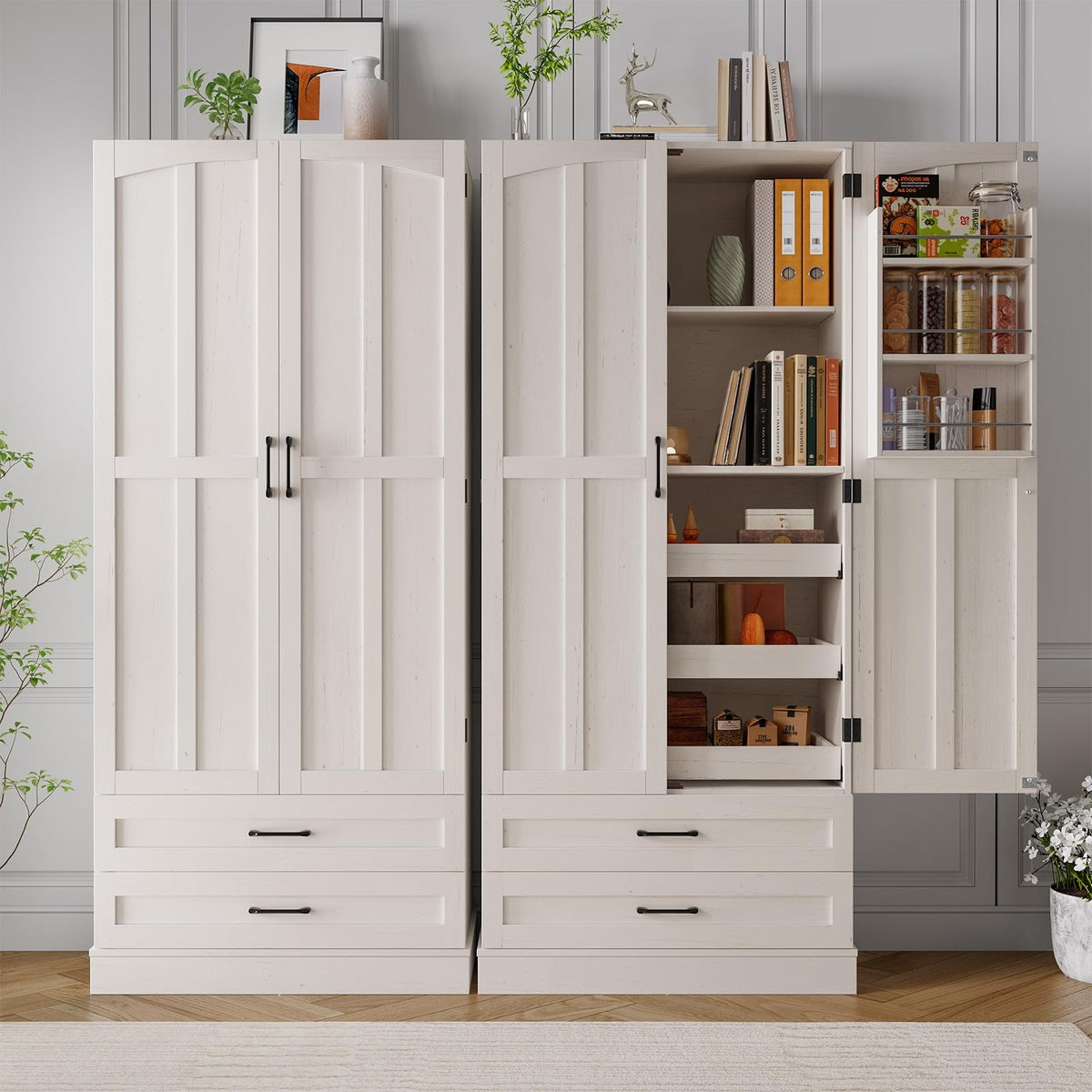 71" Off-White Kitchen Pantry Cabinet with 3 Pull-Out Shelf & 2 Drawer Z89452