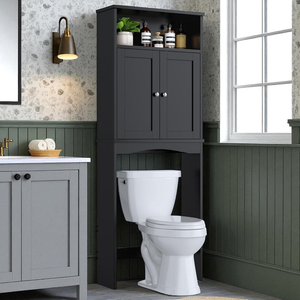 Over The Toilet Storage Cabinet with Adjustable Shelf and Double Door, Black F753928