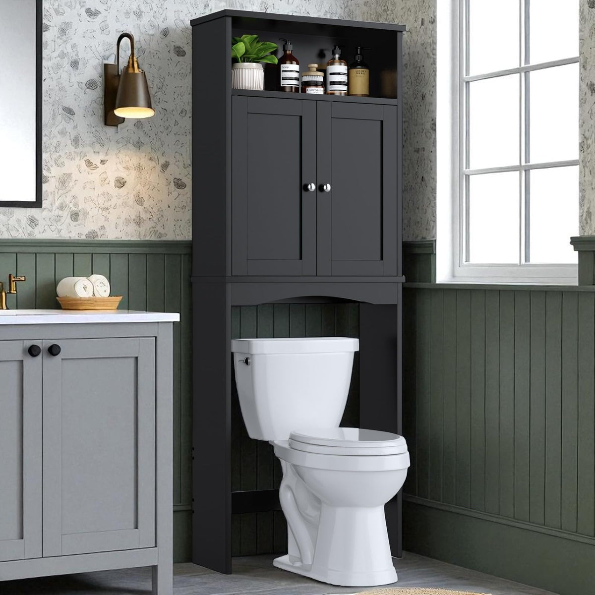 Over The Toilet Storage Cabinet with Adjustable Shelf and Double Door, Black F753928