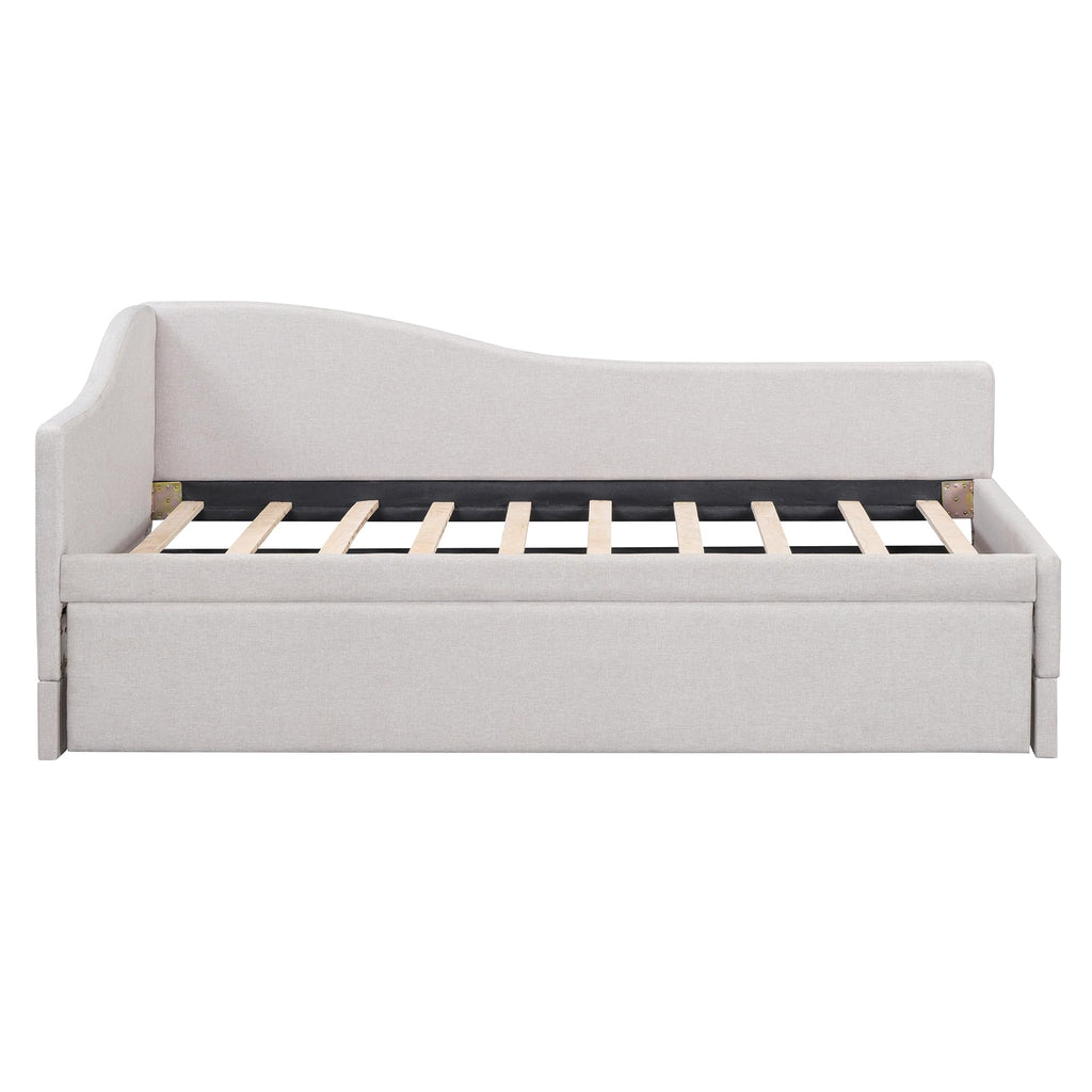 Beige Linen Upholstered Twin Size L-Shaped Daybed with Pop Up Trundle Z23564