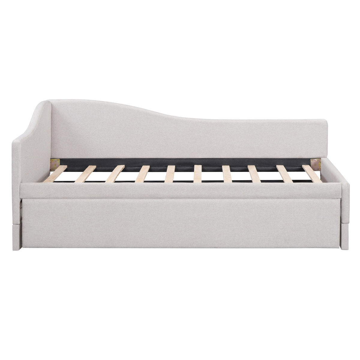 Beige Linen Upholstered Twin Size L-Shaped Daybed with Pop Up Trundle Z23564
