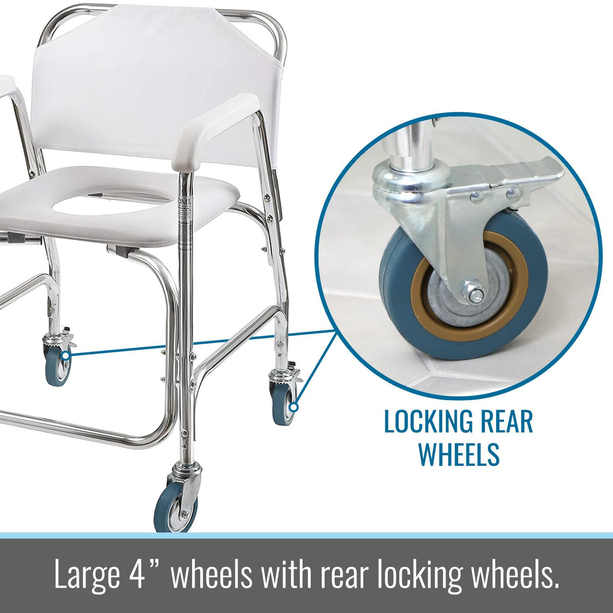 Rolling Shower Commode Chair Aluminum Frame White 250 Lb. Weight Capacity O87306