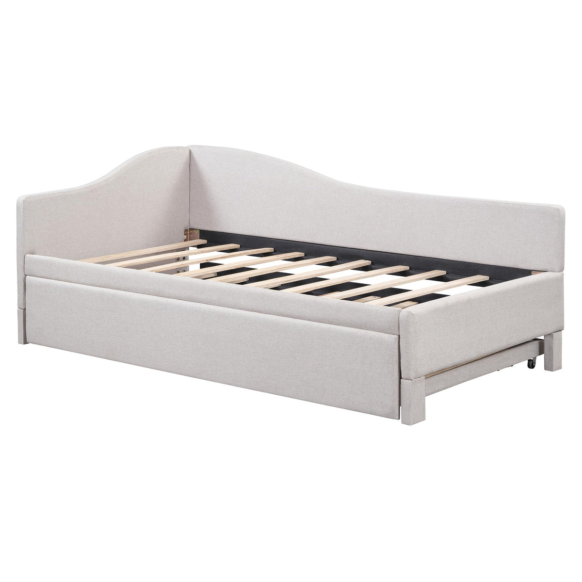 Beige Linen Upholstered Twin Size L-Shaped Daybed with Pop Up Trundle Z23564