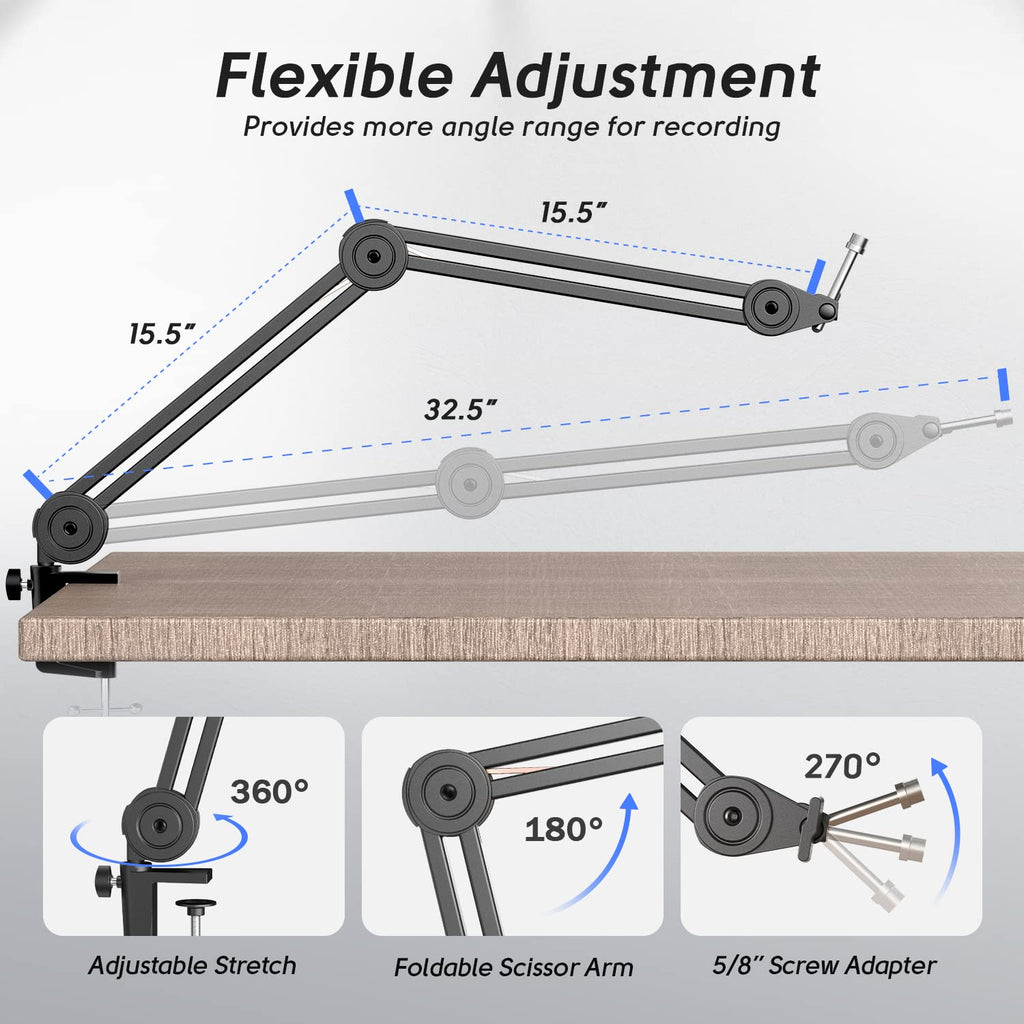 Dynamic Microphone with Boom Arm Kit, XLR/USB Podcast Mic and Stand Bundle with Mute Button J1960