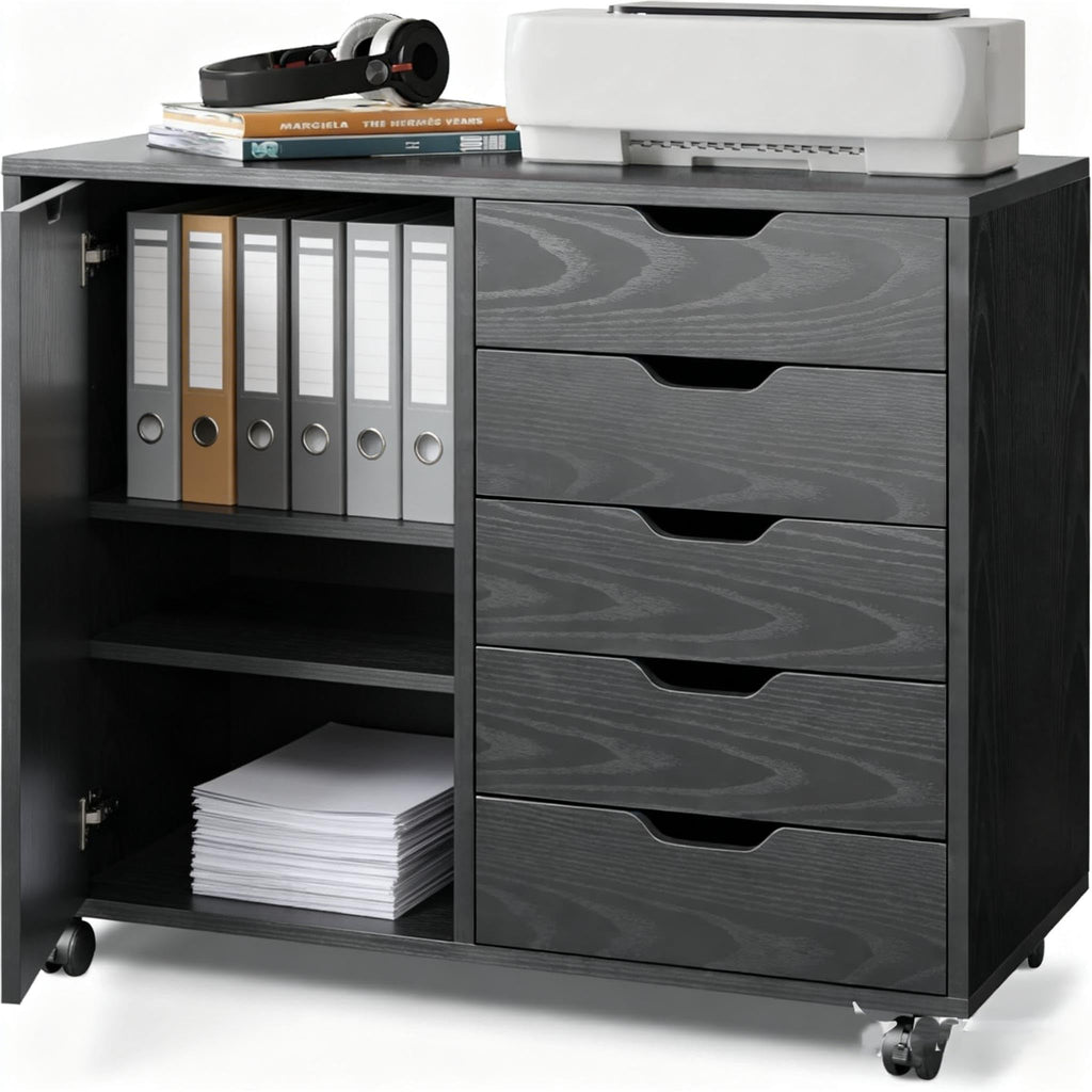 Black 5 Drawer Wood Storage Cabinet with Wheels H82710