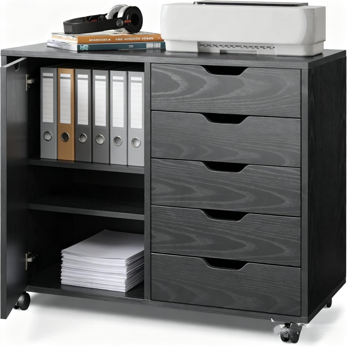 Black 5 Drawer Wood Storage Cabinet with Wheels H82710
