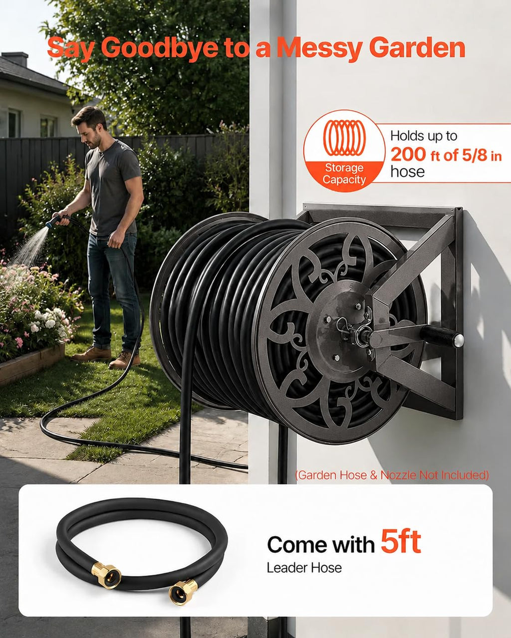 Wall Mounted Garden Hose Reel, Holds 200 ft 5/8" Hose, Heavy-Duty Steel Manual Winder W2615