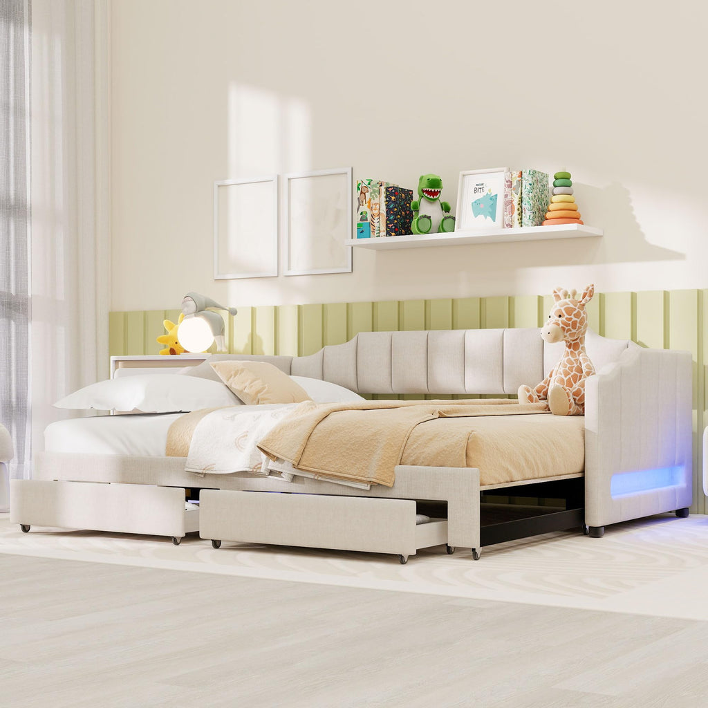 Twin XL Linen Upholstered Daybed with Storage Drawers and LED Light S852023