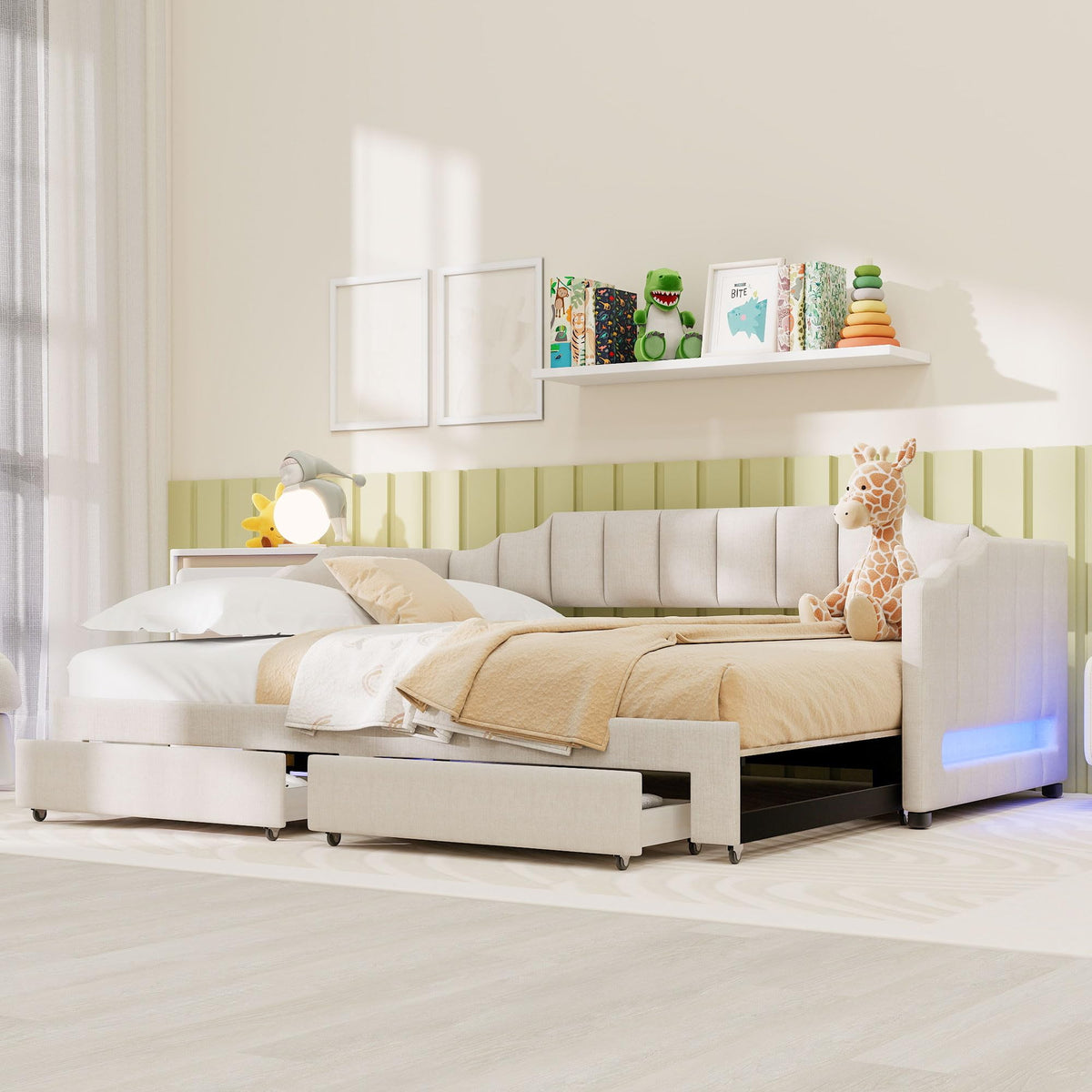 Twin XL Linen Upholstered Daybed with Storage Drawers and LED Light S852023