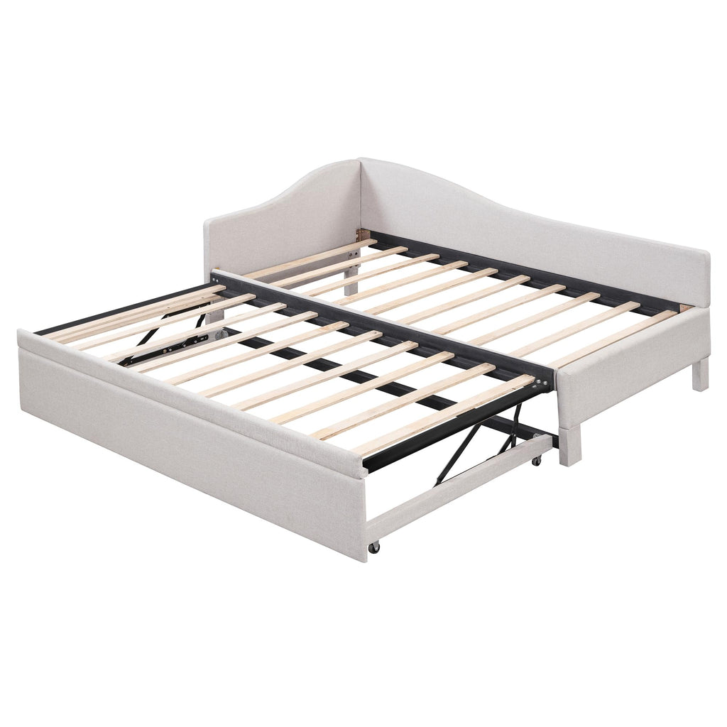 Beige Linen Upholstered Twin Size L-Shaped Daybed with Pop Up Trundle Z23564