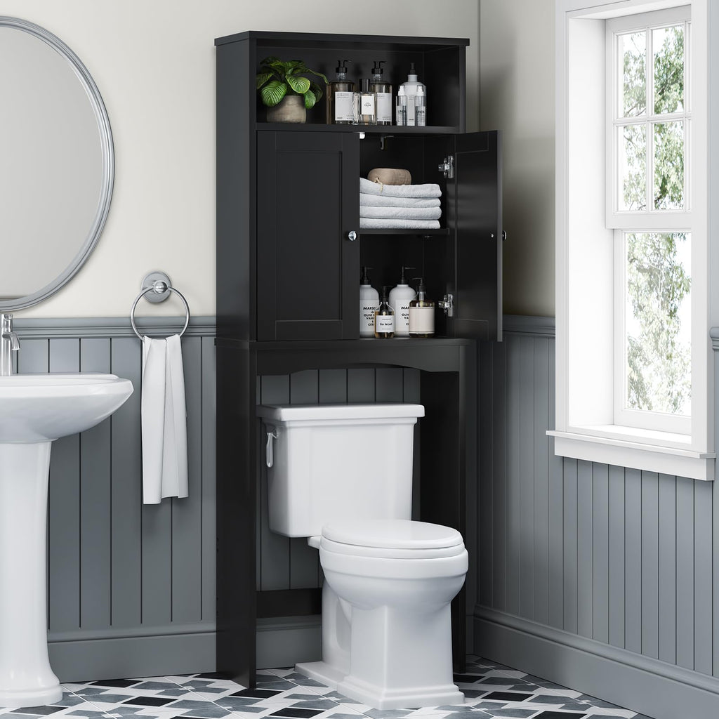 Over The Toilet Storage Cabinet with Adjustable Shelf and Double Door, Black F753928