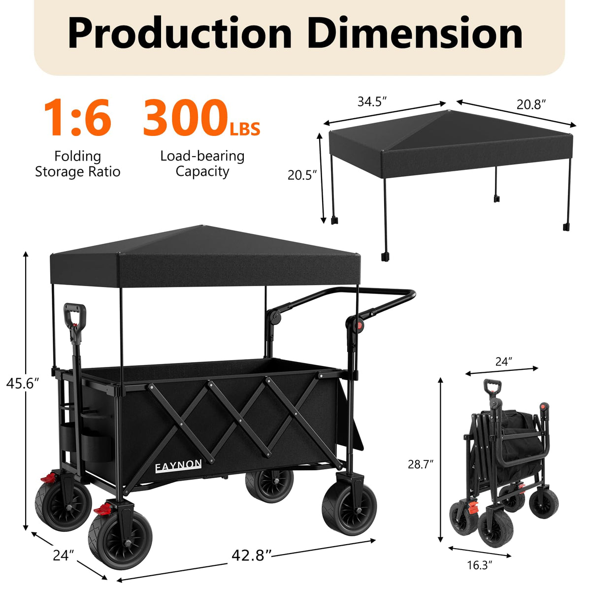 Collapsible Wagon with 300lbs Capacity, 150L Heavy Duty Utility Cart, Black V182
